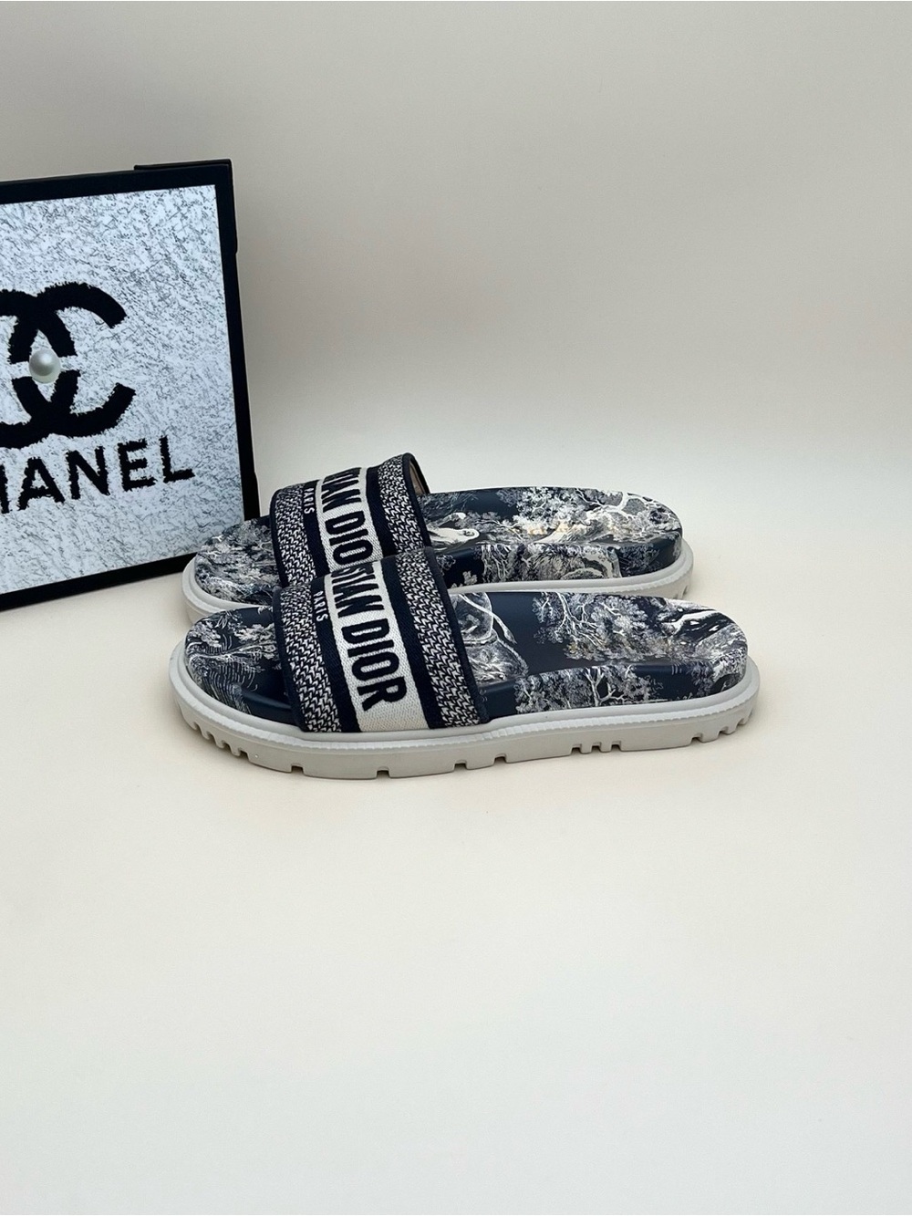 Dior Navy and White Toile Slide Sandals